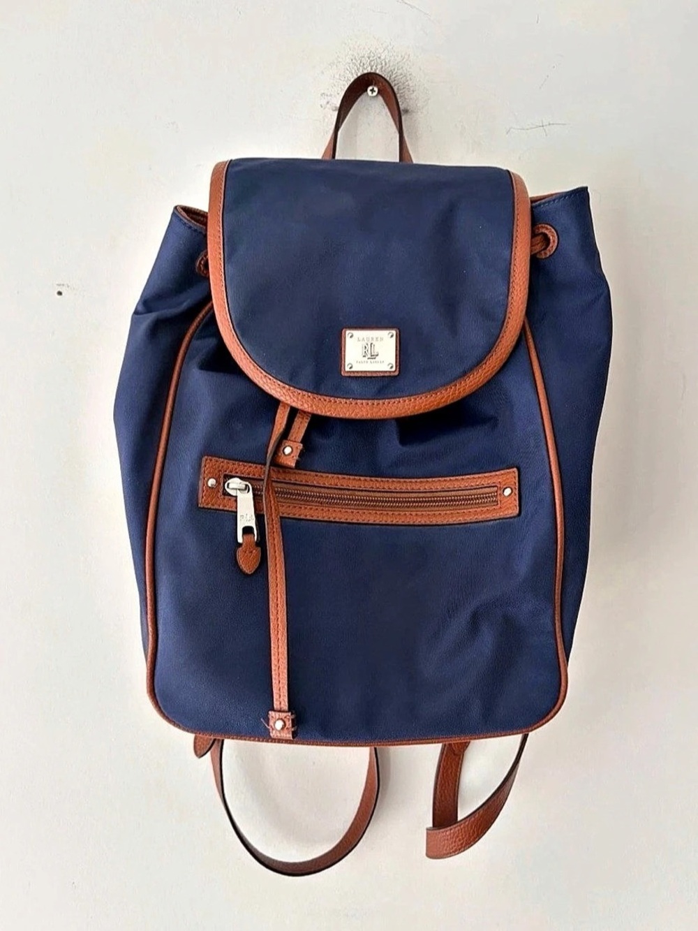 Lauren Ralph Lauren Nylon and Leather Drawstring Backpack Blue & Brown